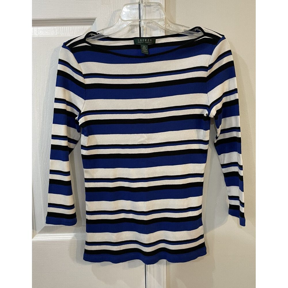 Lauren Ralph Lauren Women's Long‎ Sleeve Shirt Sz M Striped Ribbed